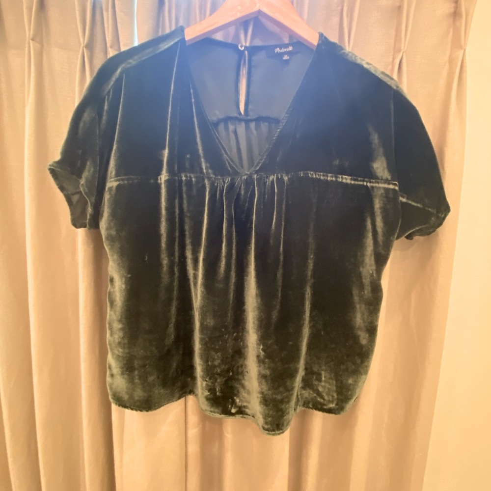 Madewell Green velvet shirt.